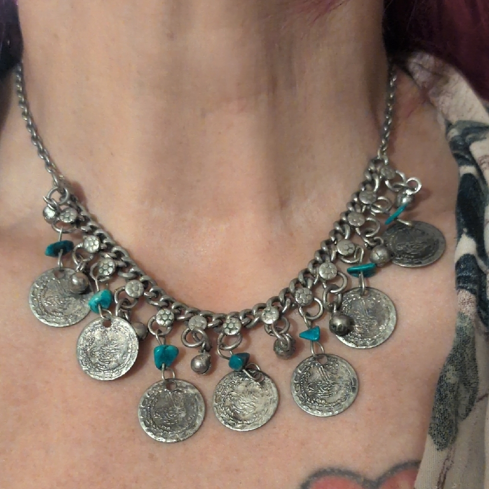 Silver Coin Necklace with Turquoise Accents